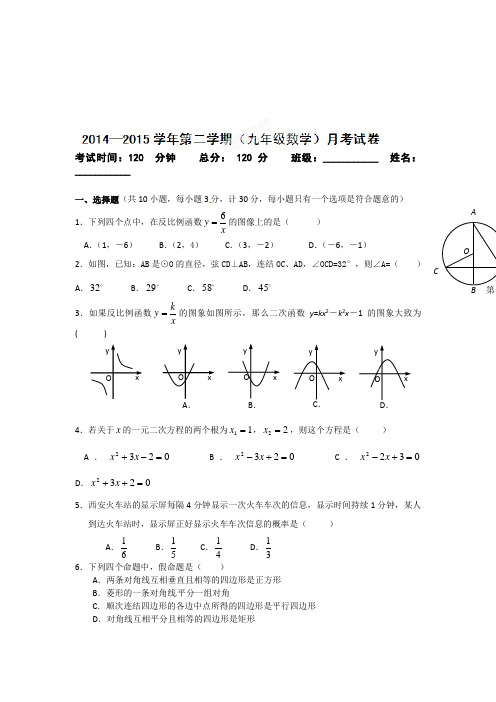 2015年九年级数学下学期第一次月考试题及标准答案