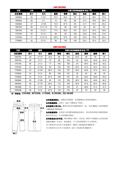 男女裤子尺码对照表