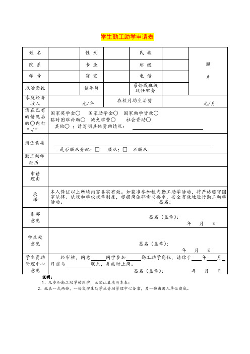 学生勤工助学申请表模板