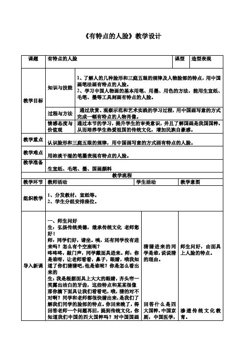 美术五年级下册第16课：有特点的人脸(教案)人美版(2012)
