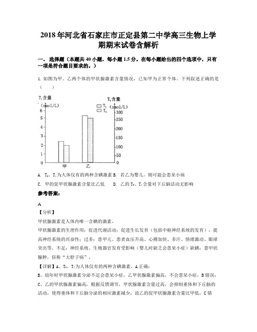 2018年河北省石家庄市正定县第二中学高三生物上学期期末试卷含解析