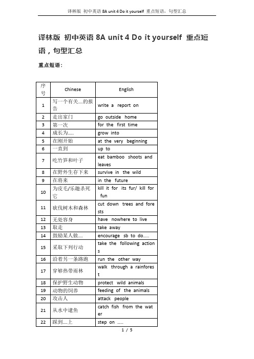 译林版 初中英语8A unit 4 Do it yourself 重点短语,句型汇总