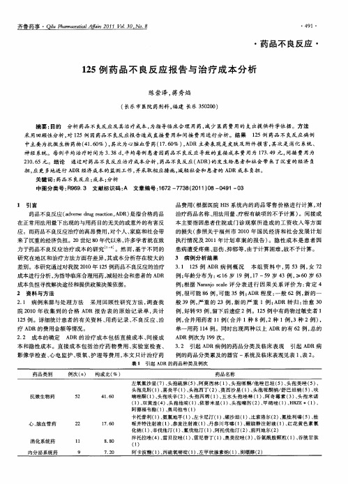 125例药品不良反应报告与治疗成本分析