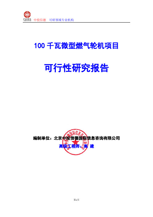 100千瓦微型燃气轮机项目可行性研究报告编写格式及参考(模板word)