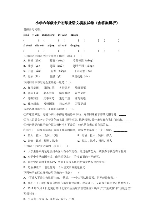 小学六年级小升初毕业语文模拟试卷(含答案解析)