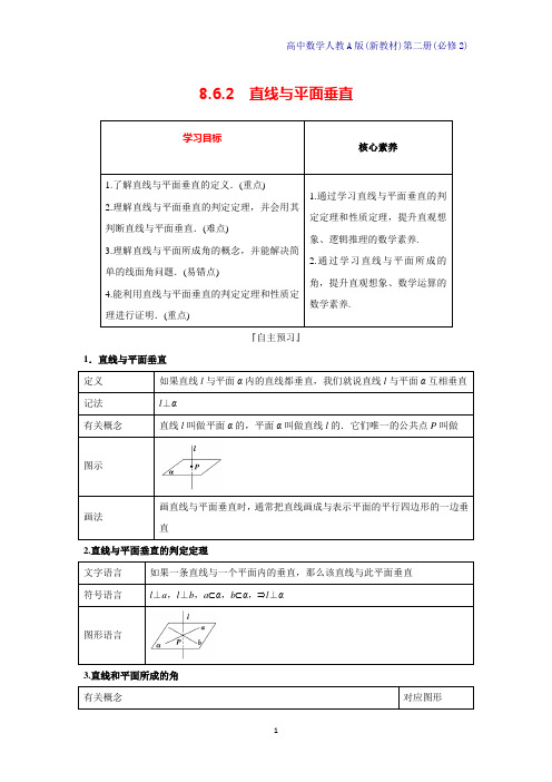 人教A版新教材高中数学第二册学案1：8.6.2直线与平面垂直