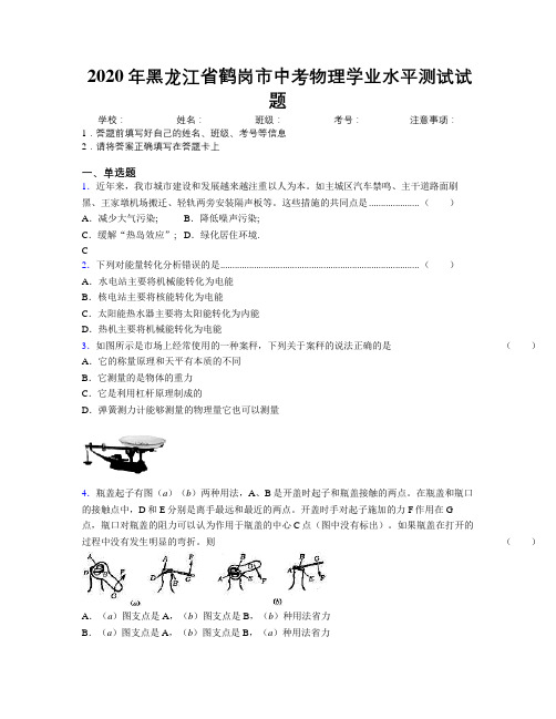 2020年黑龙江省鹤岗市中考物理学业水平测试试题附解析