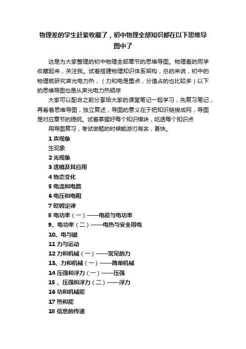 物理差的学生赶紧收藏了，初中物理全部知识都在以下思维导图中了