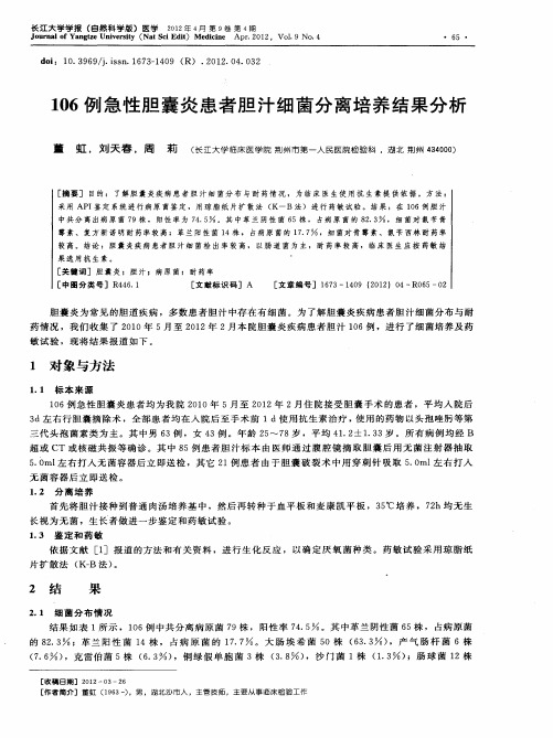 106例急性胆囊炎患者胆汁细菌分离培养结果分析