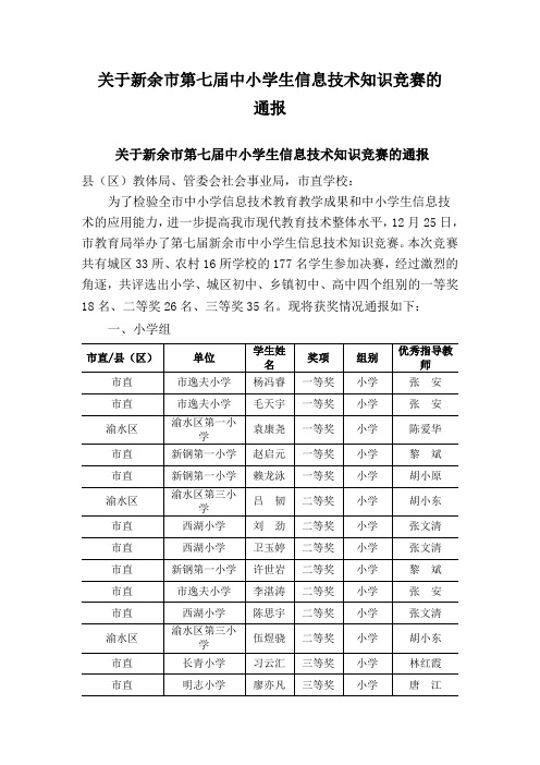 关于新余市第七届中小学生信息技术知识竞赛的通报