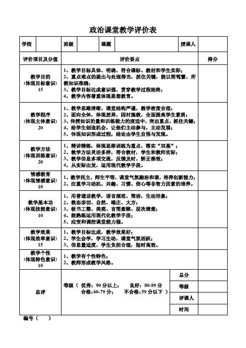 政治课堂教学评价表