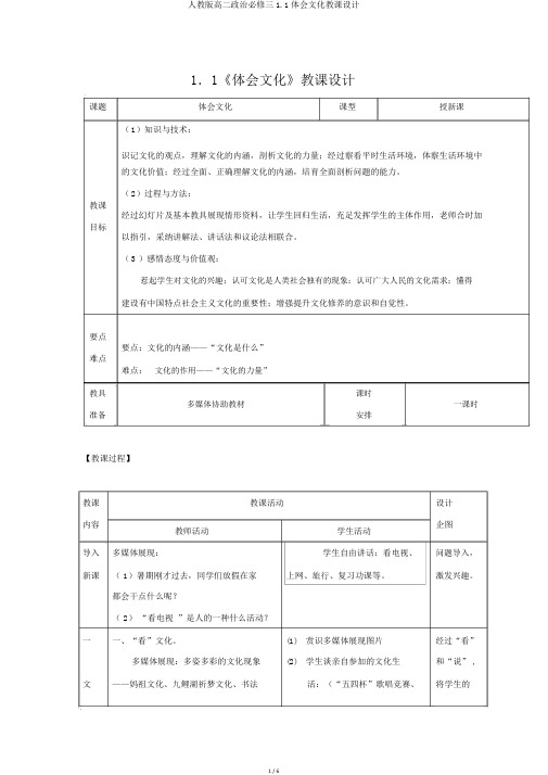 人教版高二政治必修三1.1体味文化教案