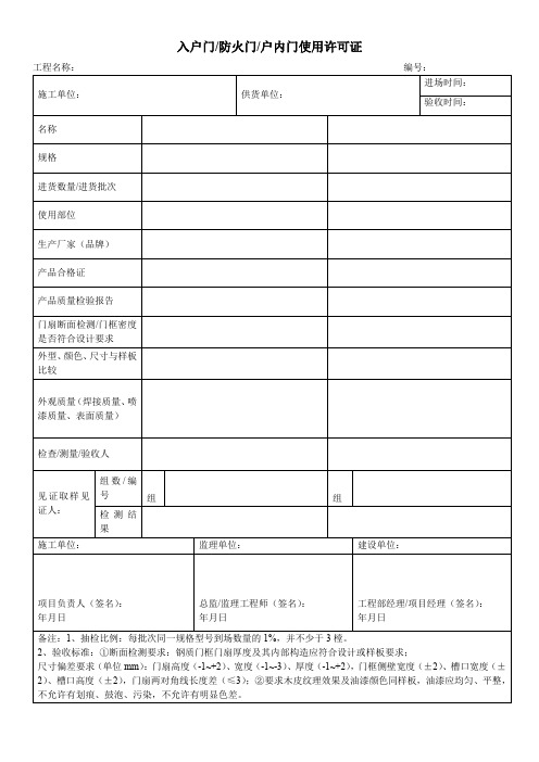 入户门、防火门、户内门使用许可证