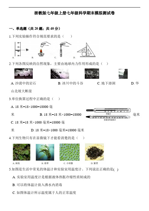 浙教版七年级上册七年级科学期末模拟测试卷题