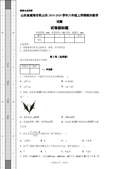 山东省威海市乳山市2019-2020学年八年级上学期期末数学试题及参考答案