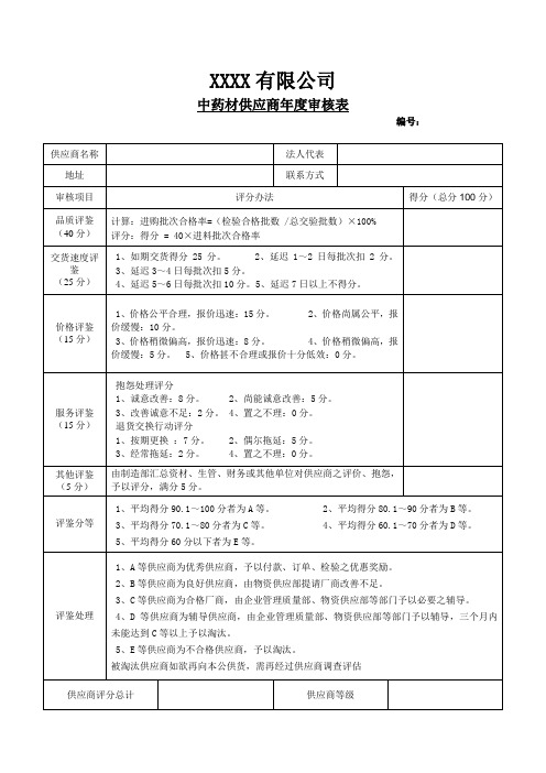 中药材供应商年度审核表