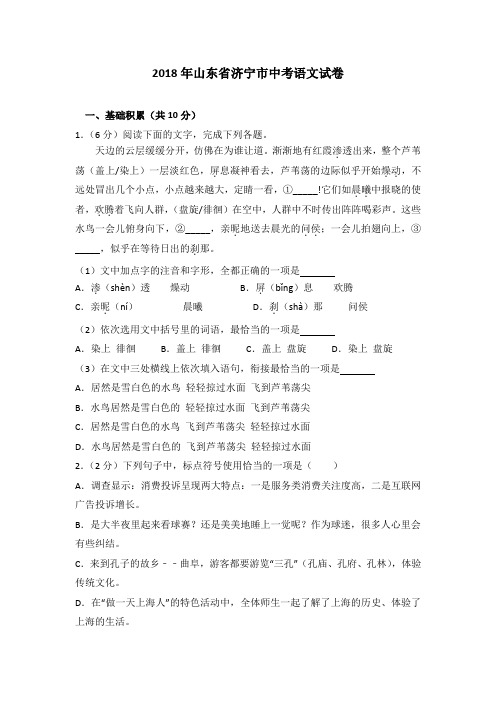 2018年山东省济宁市中考语文试卷及答案解析