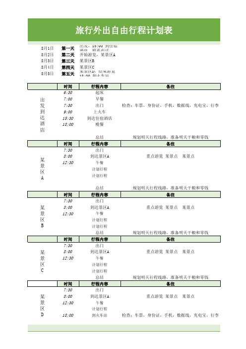 旅行外出自由行程计划表excel模板