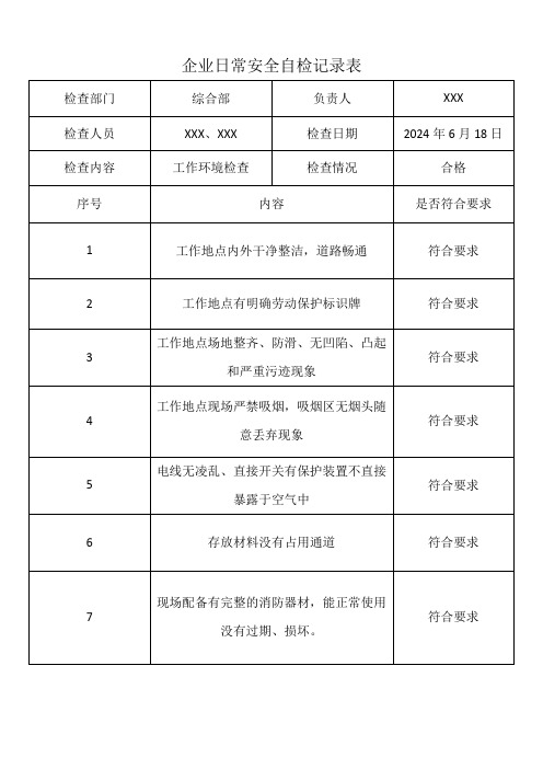 企业日常安全自检记录表