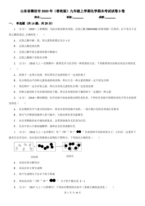 山东省潍坊市2020年(春秋版)九年级上学期化学期末考试试卷D卷