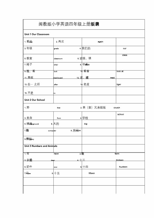 闽教版小学英语四年级上册新版单词表