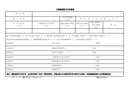 工程结算款支付审核表