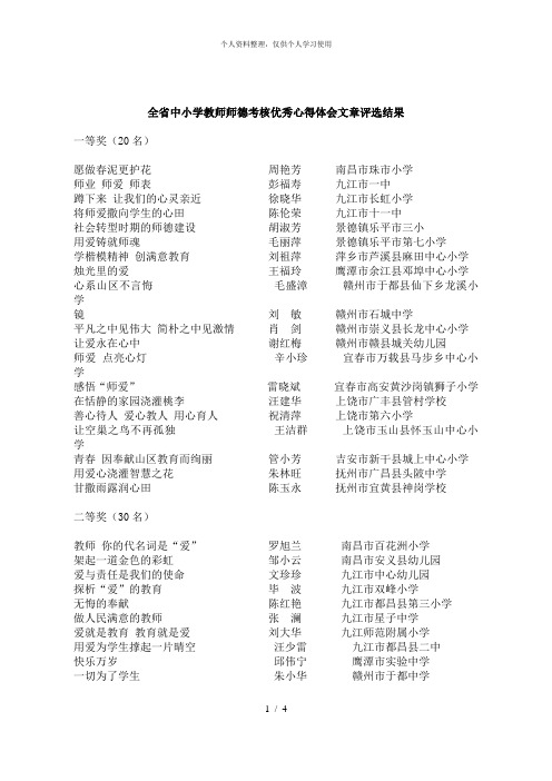 全省中小学教师师德考核优秀心得体会文章评选结果