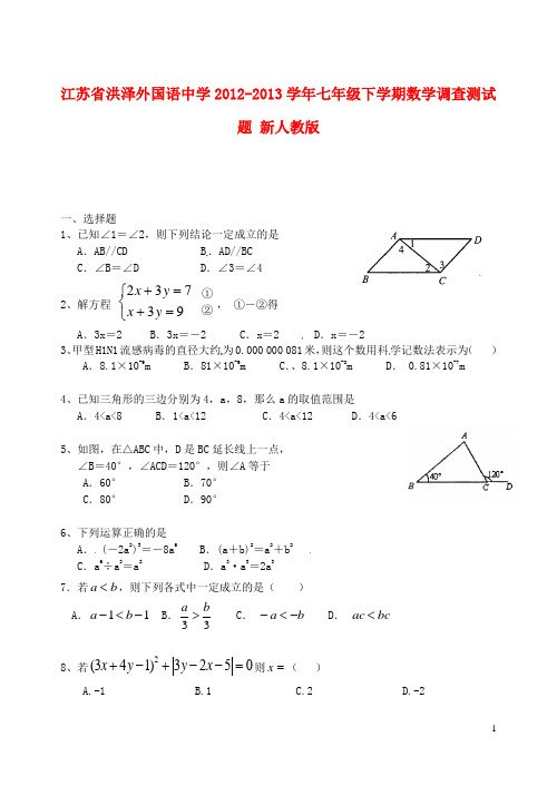 江苏省洪泽外国语中学七年级数学下学期调查测试题 新