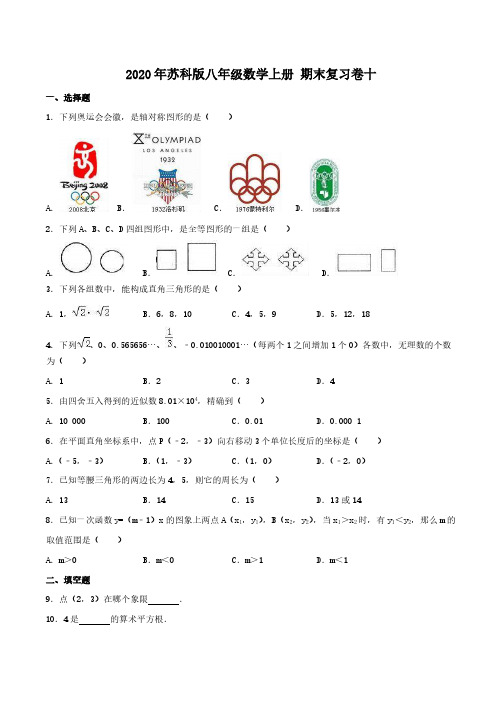 2020年苏科版八年级数学上册 期末复习卷十(含答案)