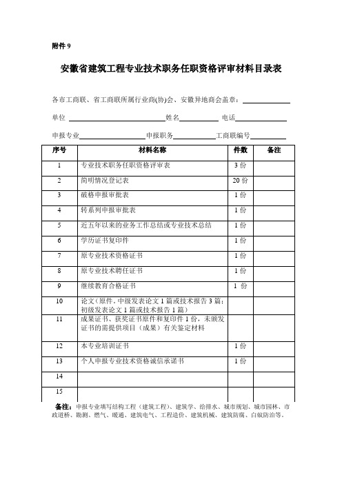 安徽省建筑工程专业技术职务任职资格评审材料目录表