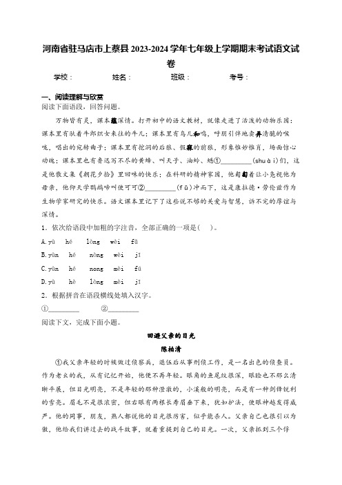 河南省驻马店市上蔡县2023-2024学年七年级上学期期末考试语文试卷(含答案)