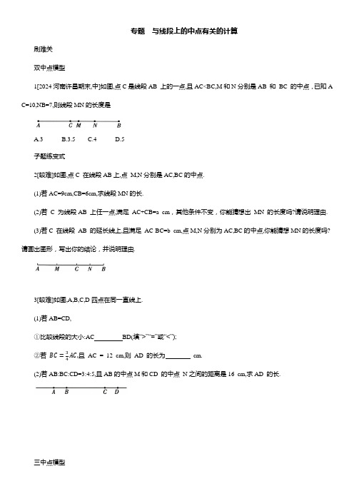 专题  与线段上的中点有关的计算 练习 2024—2025学年人教版数学七年级上册