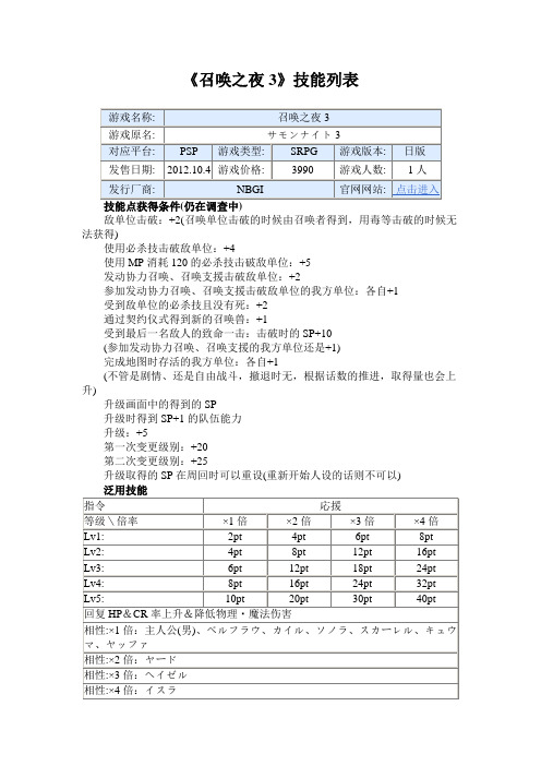 《召唤之夜3》技能列表