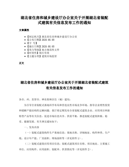 湖北省住房和城乡建设厅办公室关于开展湖北省装配式建筑有关信息发布工作的通知