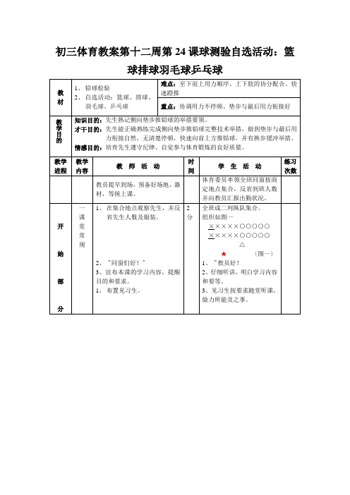 初三体育教案第十二周第24课球测验自选活动：篮球排球羽毛球乒乓球