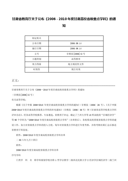 甘肃省教育厅关于公布《2006－2010年度甘肃高校省级重点学科》的通知-甘教技[2006]42号