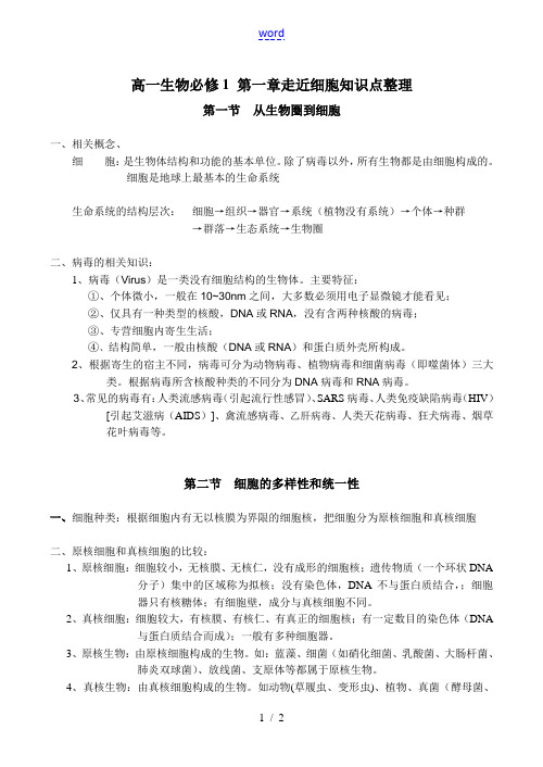 高一生物 第一章 走近细胞知识点整理必修1