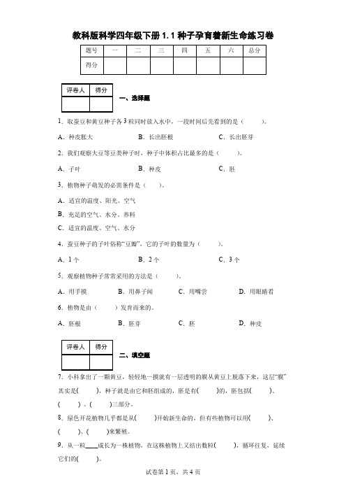 教科版科学四年级下册1.1种子孕育着新生命练习卷