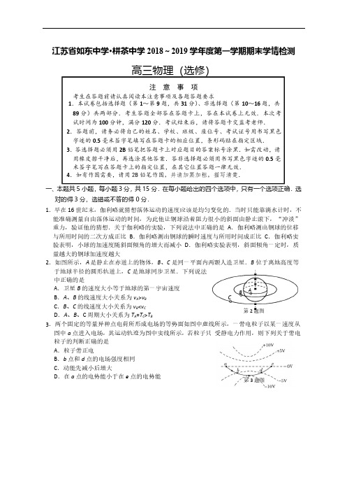2019届江苏省如东中学、栟茶中学高三上学期期末学情检测物理试题(选修)