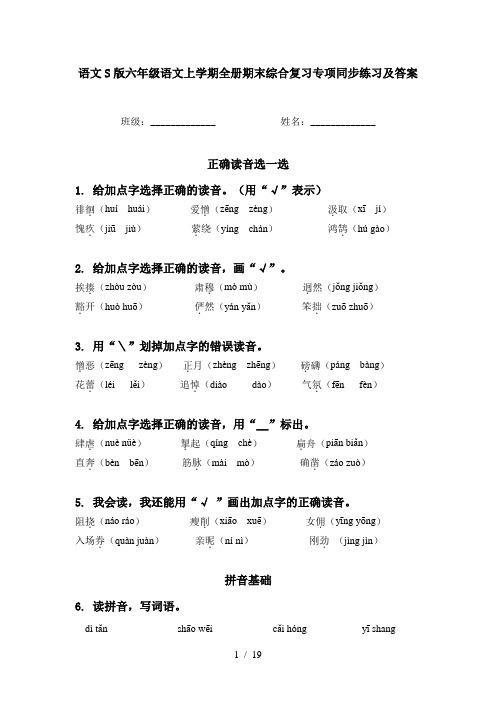 语文S版六年级语文上学期全册期末综合复习专项同步练习及答案