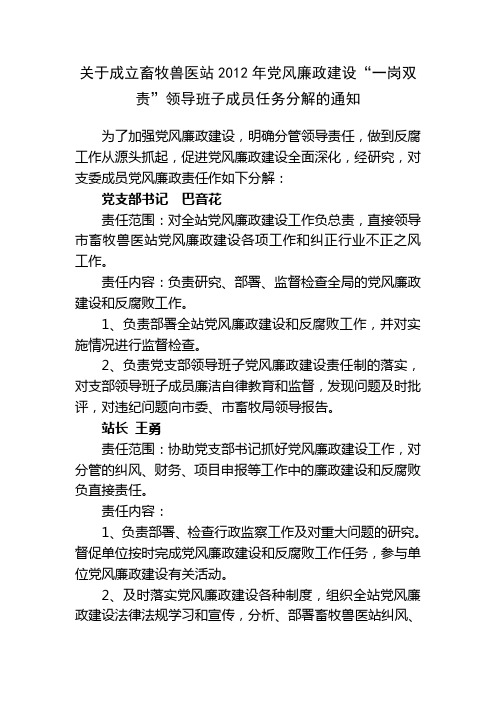 2011年党风廉政建设“一岗双责”领导班子成员任务分解