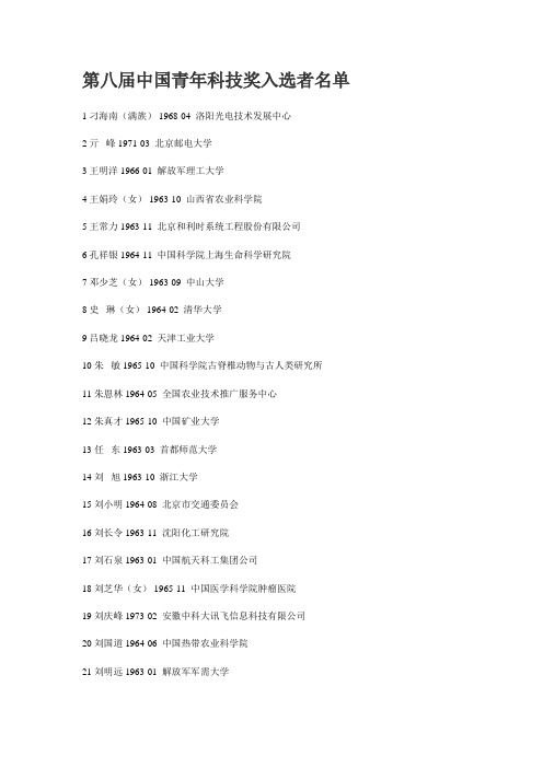 第八届中国青年科技奖入选者名单