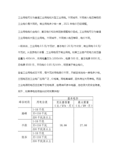 工业用电收费价格表