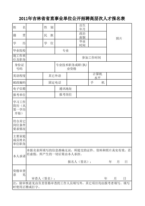 2。2011年吉林省省直事业单位公开招聘高层次人才报名表xls