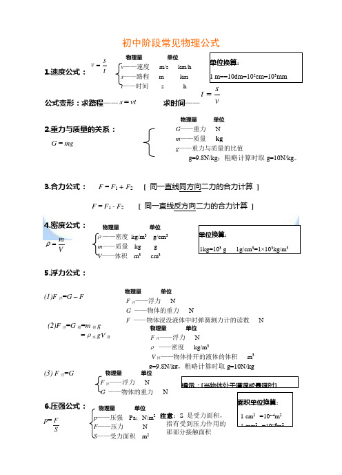 浙教版初中科学公式