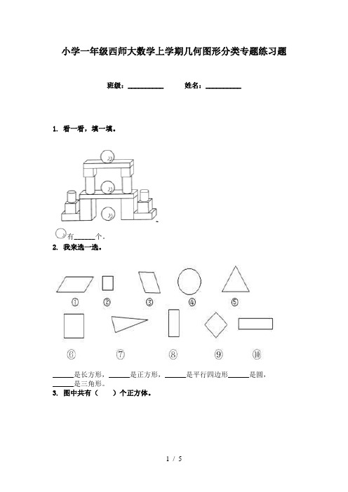 小学一年级西师大数学上学期几何图形分类专题练习题