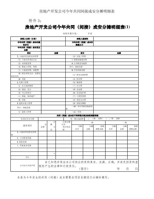 房地产开发企业本年共同间接成本分摊明细表