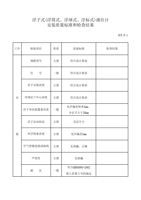 5.5.1浮子式(浮筒式、浮球式、浮标式)液位计安装质量标准和检查结果