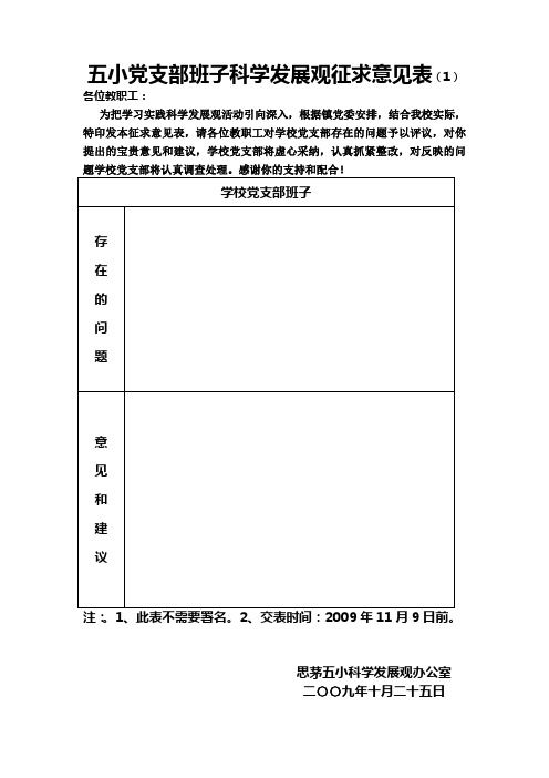 五小党支委班子科学发展观征求意见表