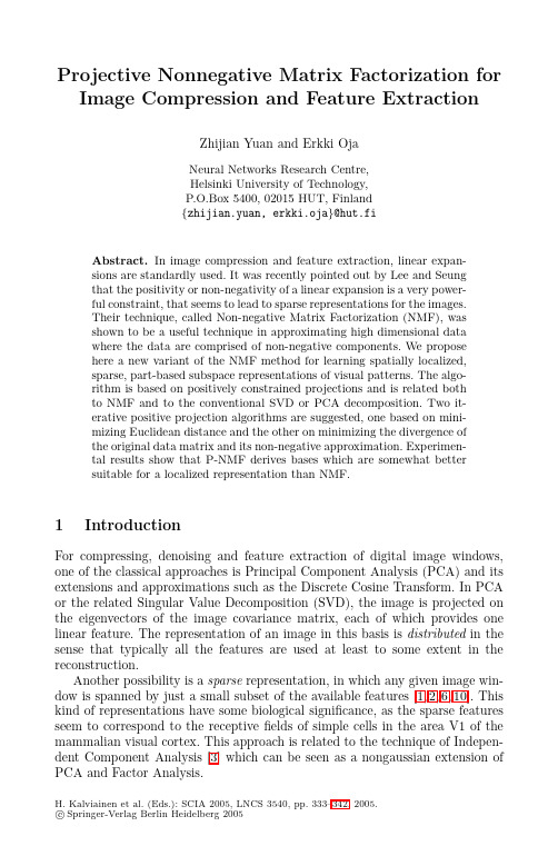 Projective Nonnegative Matrix Factorization for Image Compression and Feature Extraction